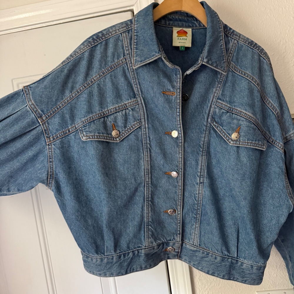 FARM RIO blue cotton denim boxy batwing‎ dolman cropped jean jacket - Picture 3 of 8